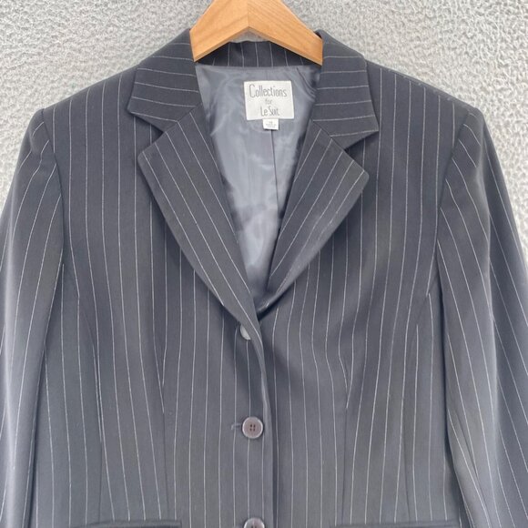 Le Suit Blazer Womens 16 Black Pinstripe Button Up Pockets Office Career Work - Picture 2 of 9